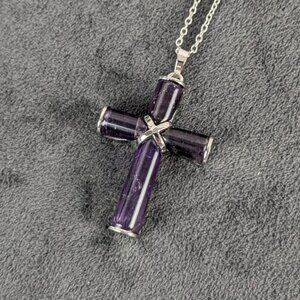 Amethyst and silver color cross pendant, free chain, unisex women men